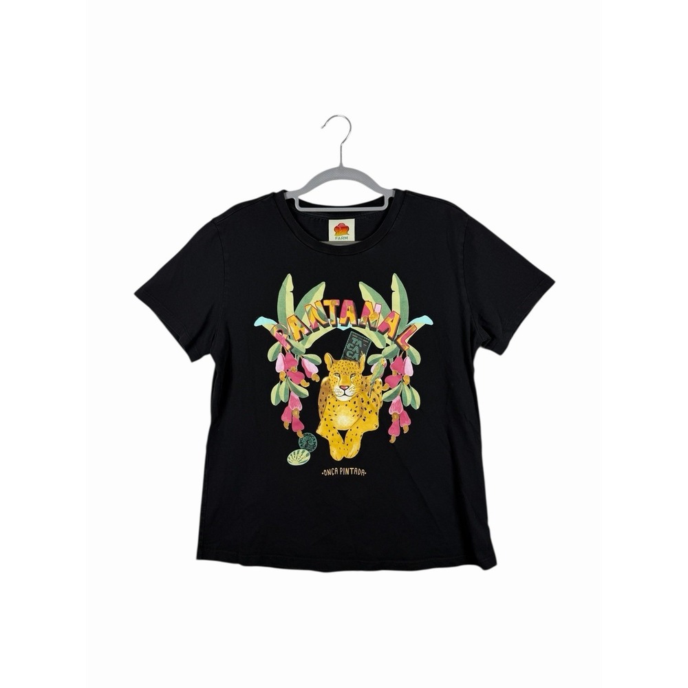FARM Rio Black Short Sleeve Graphic Tee with Yellow Leopard & Pastel Florals